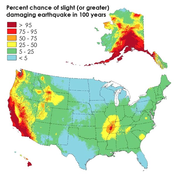 Earthquake probabilities across the US. West Coast is highest, Great Plains are lowest.