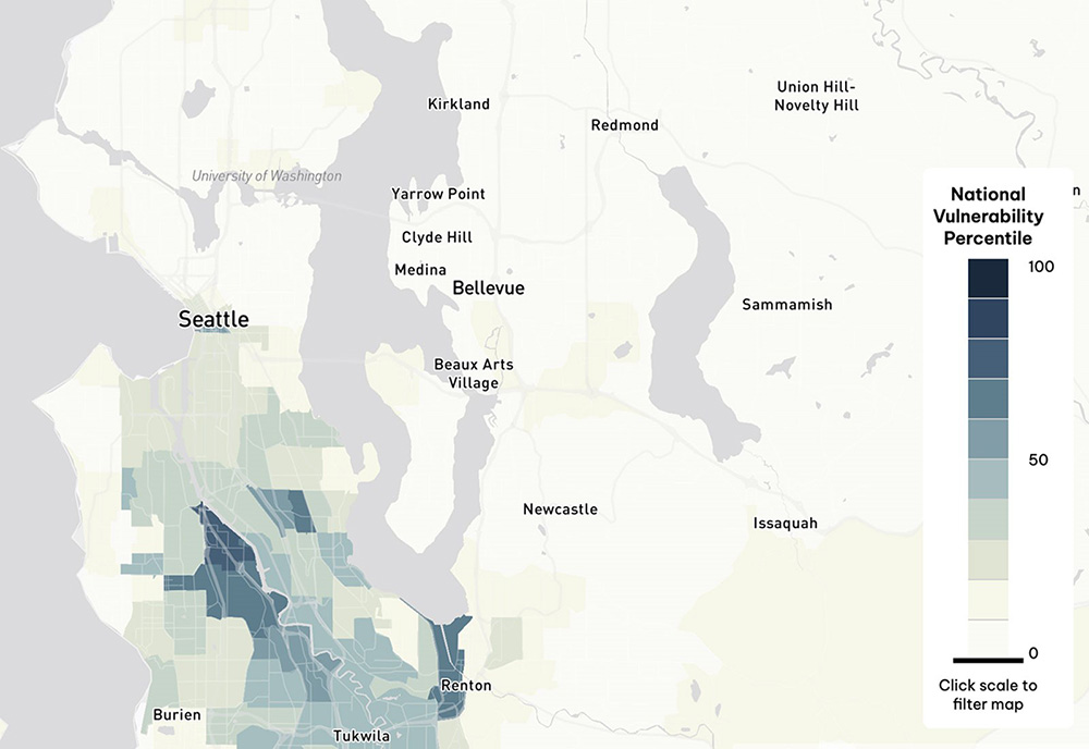 Map shows that flooding risk is greater in southern Seattle metro area than northern Seattle metro area.